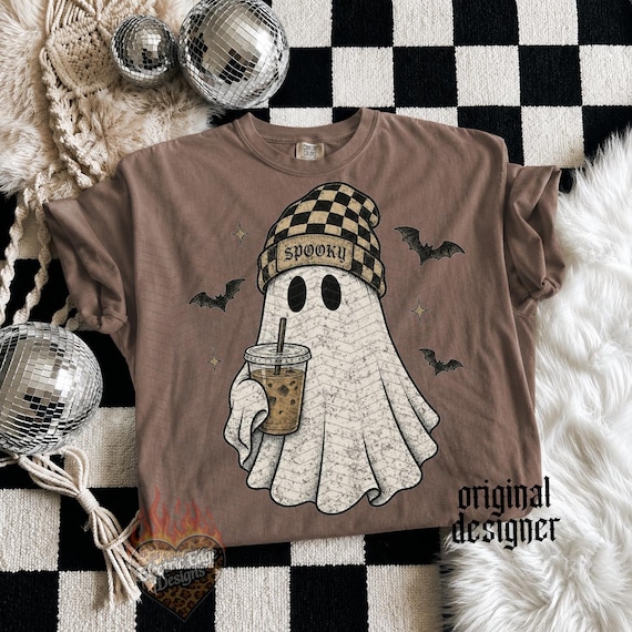 Spooky Ghost PNG, Halloween Coffee Digital Download, Sublimation DTF, Trendy Boutique Shirt, Fall Checkered Vintage Season Tee