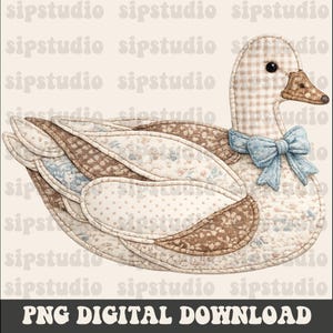 May include: A quilted duck with a light blue bow, featuring a patchwork design in cream, brown, and blue floral patterns. The duck has a checkered neck and a brown beak. The text "PNG DIGITAL DOWNLOAD" is at the bottom.