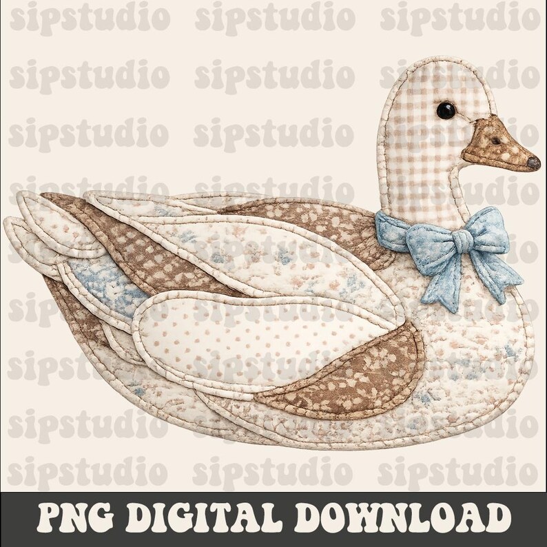 May include: A quilted duck with a light blue bow, featuring a patchwork design in cream, brown, and blue floral patterns. The duck has a checkered neck and a brown beak. The text "PNG DIGITAL DOWNLOAD" is at the bottom.