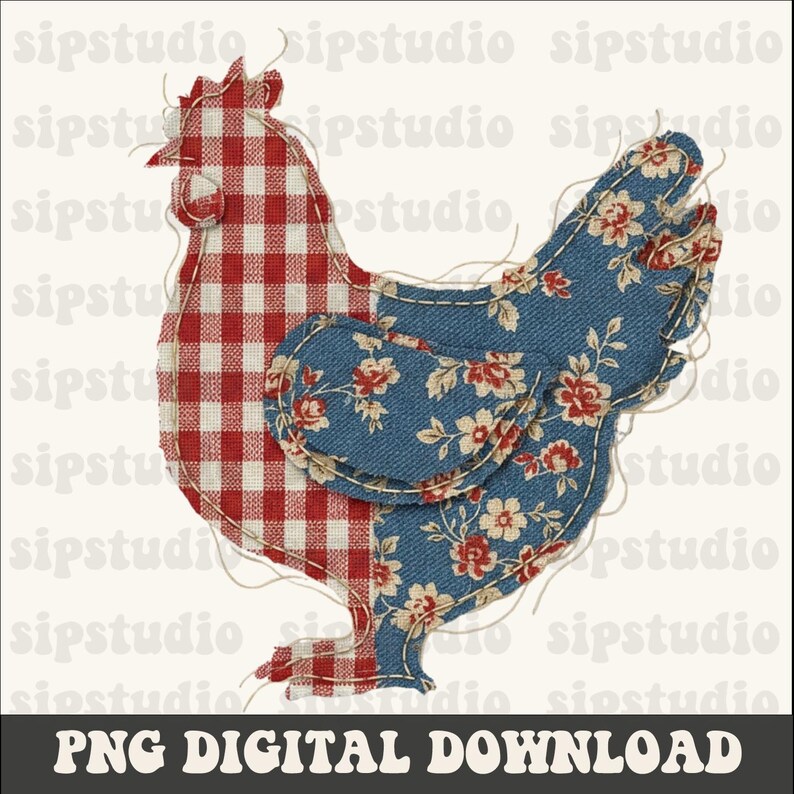 May include: A fabric chicken design with a red and white gingham pattern on the left and a blue floral pattern on the right. The image has a stitched outline and the text "PNG DIGITAL DOWNLOAD" at the bottom.