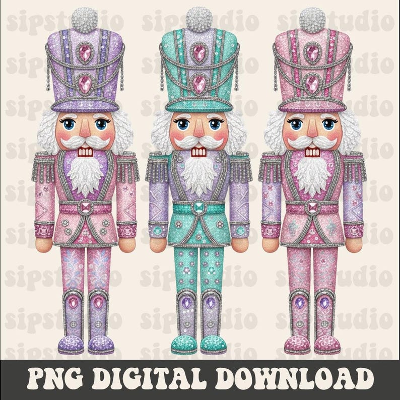 May include: Three decorative nutcracker soldier illustrations in pastel shades of pink, purple, and teal. Each soldier has a tall hat with a jewel, a white mustache, and a decorative uniform. The image includes the text "PNG DIGITAL DOWNLOAD".