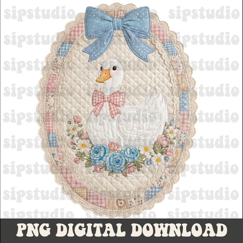 May include: An oval-shaped quilted wall hanging featuring a white goose with a pink bow, surrounded by flowers and a blue bow at the top. The border has a patchwork design with lace trim. The text "PNG DIGITAL DOWNLOAD" is at the bottom.