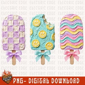 May include: Three popsicle-shaped illustrations with textured frosting. The first has a purple and white checkerboard pattern, the second is teal with yellow smiley faces and a bite mark, and the third has wavy pink, yellow, and teal stripes.