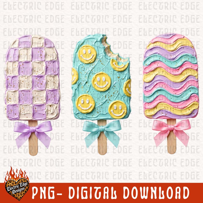 May include: Three popsicle-shaped illustrations with textured frosting. The first has a purple and white checkerboard pattern, the second is teal with yellow smiley faces and a bite mark, and the third has wavy pink, yellow, and teal stripes.