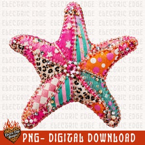 May include: A colorful, patchwork starfish design with various patterns, including stripes, polka dots, and leopard print. Embellished with rhinestones and beads. The text "PNG - DIGITAL DOWNLOAD" is visible.