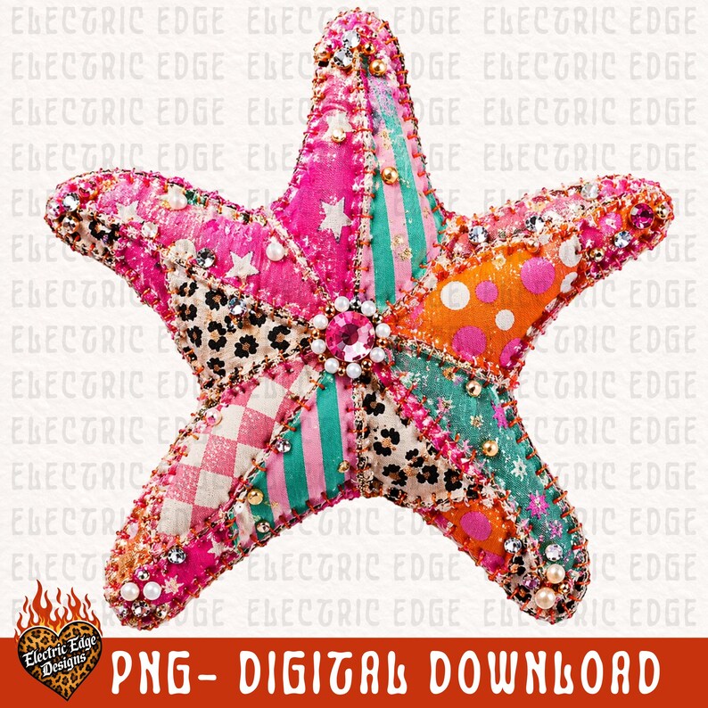 May include: A colorful, patchwork starfish design with various patterns, including stripes, polka dots, and leopard print. Embellished with rhinestones and beads. The text "PNG - DIGITAL DOWNLOAD" is visible.