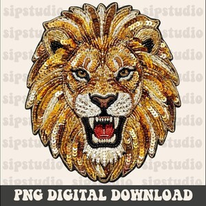 May include: A detailed, embroidered lion head design with a roaring mouth, featuring gold, brown, and black sequins and beads. The image includes the text "PNG DIGITAL DOWNLOAD" at the bottom, indicating a digital product.