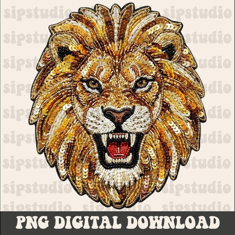 May include: A detailed, embroidered lion head design with a roaring mouth, featuring gold, brown, and black sequins and beads. The image includes the text "PNG DIGITAL DOWNLOAD" at the bottom, indicating a digital product.