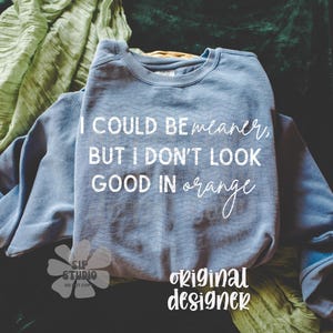 May include: A blue sweatshirt with the text "I COULD BE meaner, BUT I DON'T LOOK GOOD IN orange" in white. The sweatshirt is folded on a green and dark green background. The words "SIP STUDIO" and "original designer" are also visible.