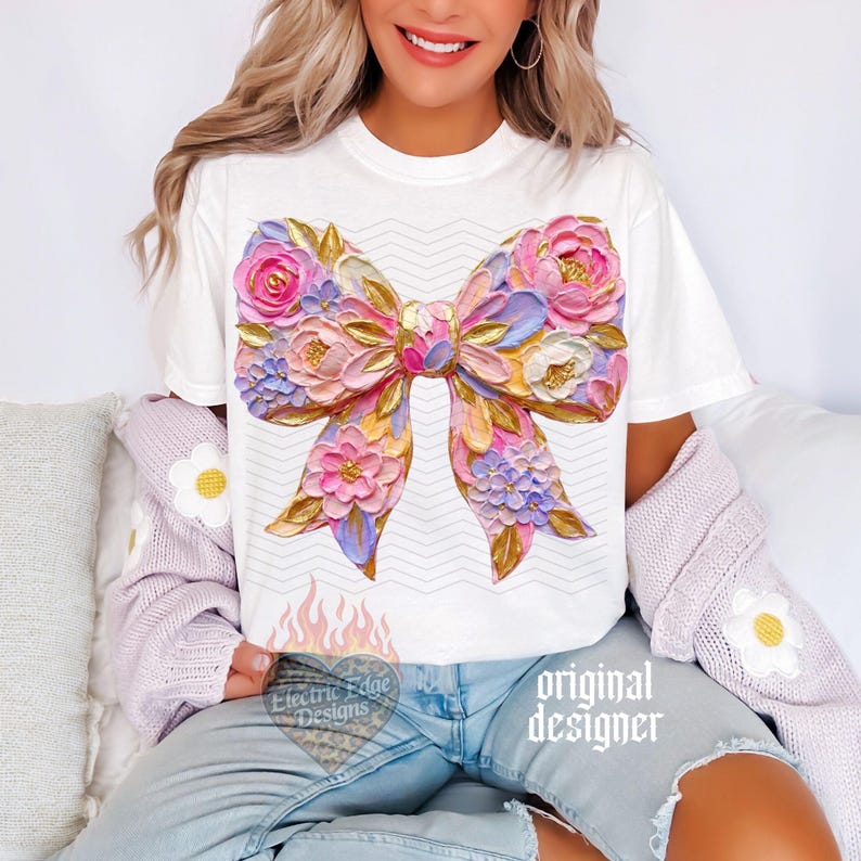 Lazo de primavera floral pastel PNG / Descarga digital de Pascua / Diseño de camisetas boutique / Sublimación y DTF / Patrones de primavera coquetos / De moda imagen 4