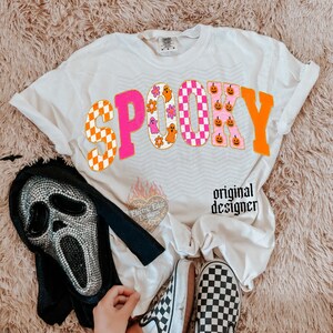Cute Spooky PNG, Halloween Checkered Digital Download, Sublimation DTF, Trendy Boutique Shirt, Pumpkin Season Design, Pink Ghost Shirt image 3