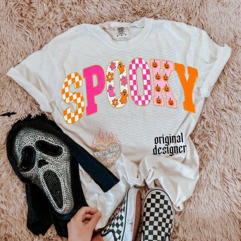 Cute Spooky PNG, Halloween Checkered Digital Download, Sublimation DTF, Trendy Boutique Shirt, Pumpkin Season Design, Pink Ghost Shirt image 3
