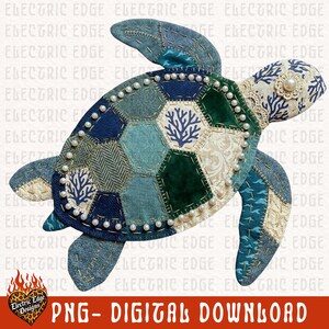 Sea Turtle PNG | Patchwork Digital Download | Summer Quilted Design | Sublimation DTF | Preppy Coastal Beach Shirt | Trendy Ocean image 2