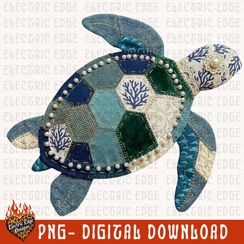 Sea Turtle PNG | Patchwork Digital Download | Summer Quilted Design | Sublimation DTF | Preppy Coastal Beach Shirt | Trendy Ocean image 2