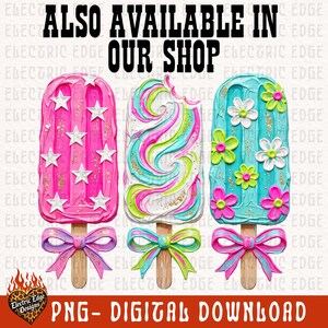 May include: Three popsicle illustrations with textured frosting. The left is pink with white stars, the center has pink, green, and blue swirls, and the right is blue with white and pink flowers. Each has a wooden stick and a colorful bow.