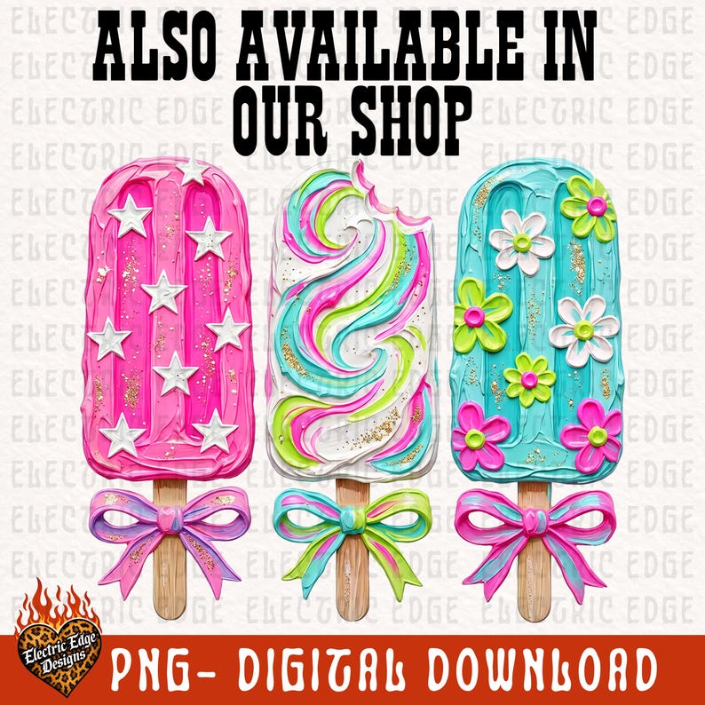 May include: Three popsicle illustrations with textured frosting. The left is pink with white stars, the center has pink, green, and blue swirls, and the right is blue with white and pink flowers. Each has a wooden stick and a colorful bow.