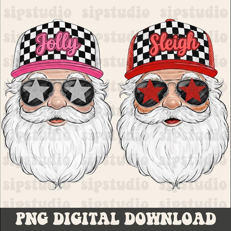 May include: Two Santa Claus illustrations wearing sunglasses with star-shaped lenses and trucker hats. One hat says "Jolly" and the other says "Sleigh". The hats have a checkered pattern and the text is in a script font. The image is a PNG digital download.