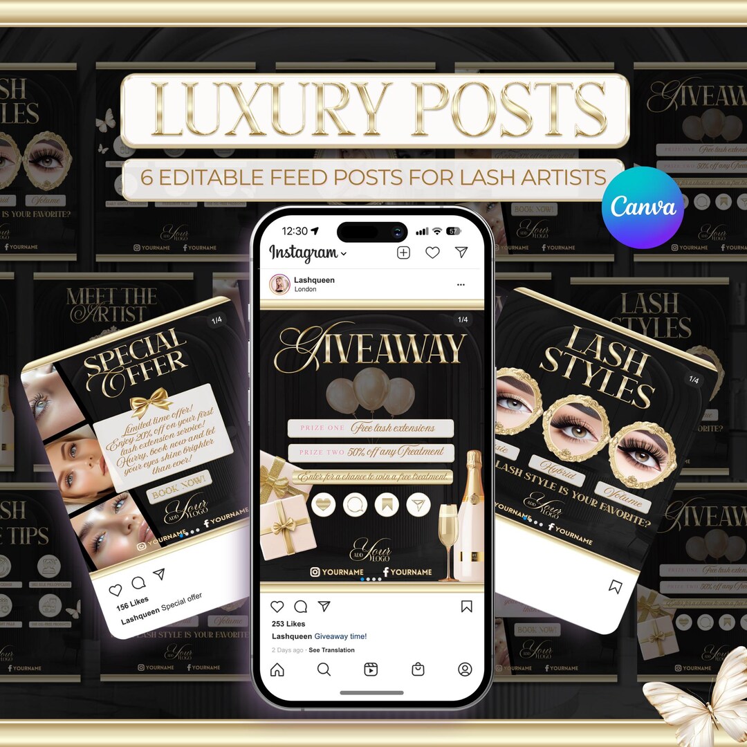 Black & Gold Luxury Instagram Post Templates for Lash Artists ...