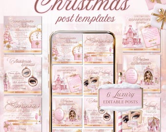Luxury Christmas social media post templates for Beauty business, Pink & gold Canva editable instagram feed posts. Holiday Canva Templates
