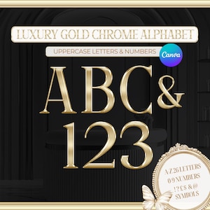 May include: Gold chrome alphabet letters and numbers, including ABC& and 123, with the text "LUXURY GOLD CHROME ALPHABET" and "UPPERCASE LETTERS & NUMBERS". A Canva logo is also present. A decorative frame displays the available symbols.