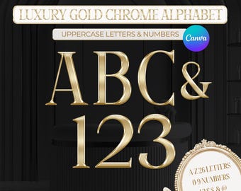Letras y números del alfabeto cromados en dorado de lujo / Fuente digital dorada para Canva, tipografía elegante y de lujo, imágenes prediseñadas A-Z 0-9