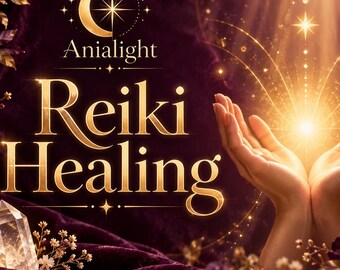 May include: A graphic featuring the text Anialight Reiki Healing in gold lettering against a deep purple velvet background. Two hands are cupped together with a bright golden light emanating from between them. A clear crystal point is visible.