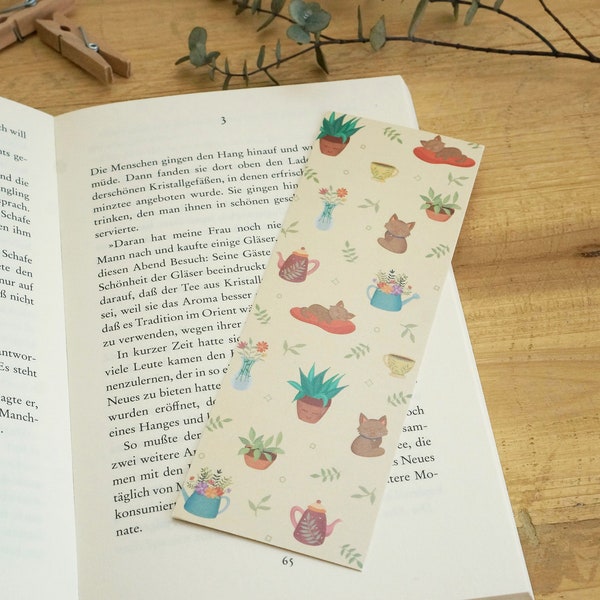 Cozy bookmark/ illustrated/ stationary/ Paper bookmark/ cat, plants, flowers/ bookish gifts