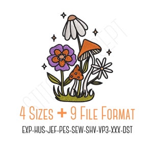 Wildflowers with Mushrooms machine embroidery design, 4 sizes, PES with 8 other formats