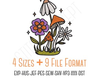 Wildflowers with Mushrooms machine embroidery design, 4 sizes, PES with 8 other formats