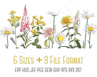 Wildflowers with chamomiles machine embroidery design, 6 sizes, PES with 8 other formats