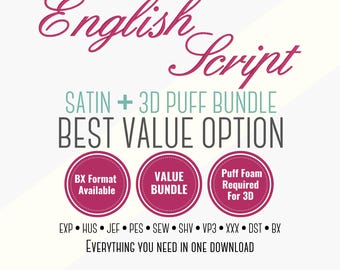 English Script Embroidery Font Bundle – Satin + 3D Puff Cursive Alphabet, BX Ready, Multi-Format Machine Files