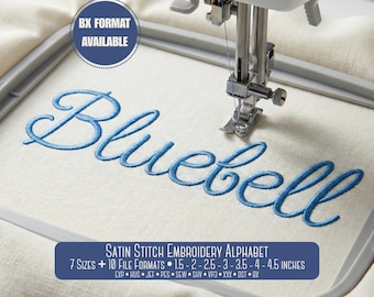 Script Satin Embroidery Font Alphabet | Cursive Machine Embroidery Font | BX Included, 7 Sizes, PES + 9 other formats