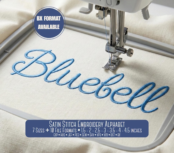 Script Satin Embroidery Font Alphabet | Cursive Machine Embroidery Font | BX Included, 7 Sizes, PES + 9 other formats