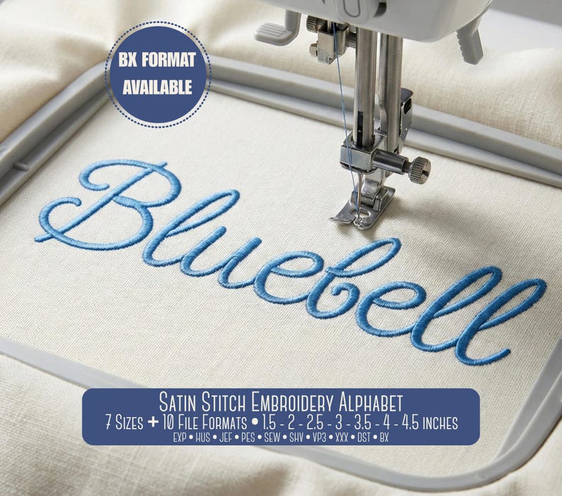Embroidery machine mockup stitching the word “Bluebell” in script satin stitch style on fabric. This image demonstrates the cursive letter flow and satin stitch appearance. Mockup image for visual reference only; final stitch results may vary.