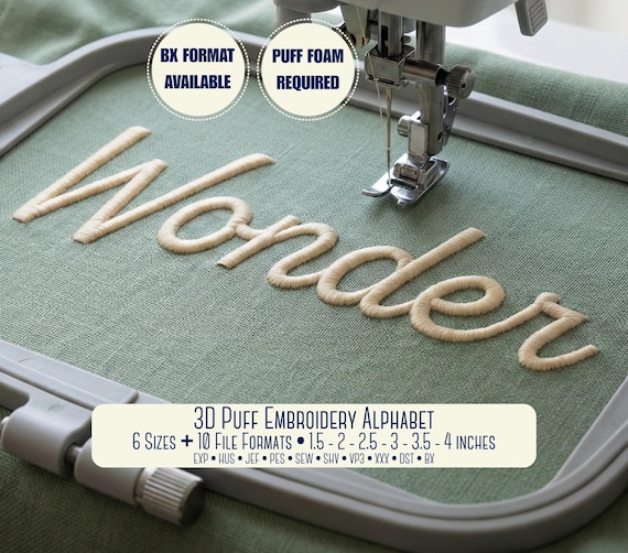 3D Puff Embroidery Font Alphabet;Cursive Script 3D Font, 6 Sizes, BX font - PES + 8 other formats - for Embroidery Machines