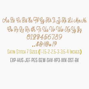 Marigold Satin Stitch embroidery alphabet sheet showing uppercase letters, lowercase letters, numbers, punctuation, 7 sizes, BX format, and multiple embroidery file formats.