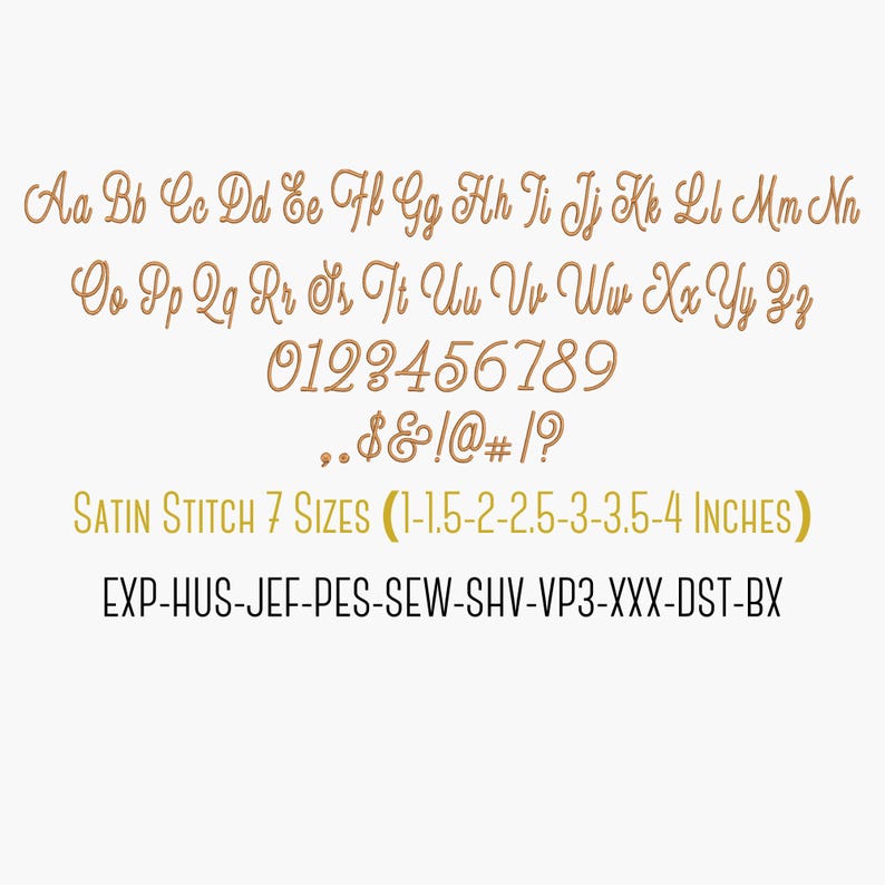 Marigold Satin Stitch embroidery alphabet sheet showing uppercase letters, lowercase letters, numbers, punctuation, 7 sizes, BX format, and multiple embroidery file formats.