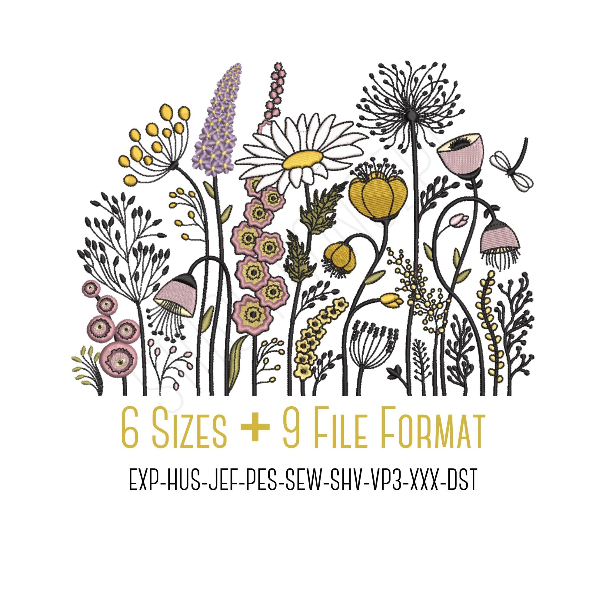 Wildflowers with poppy flowers machine embroidery design, 6 sizes, PES with 8 other formats