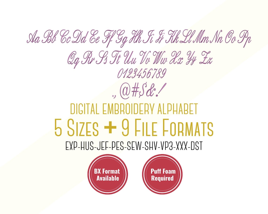 Script Puff Print 3D Puff Cursive Script Embroidery Font; 5 Sizes, BX Font, PES + 8 Other ...