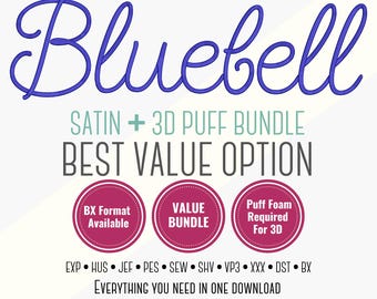 Embroidery Font Bundle – Satin + 3D Puff BX Font – Cursive Script Alphabet – Multi Format Machine Files