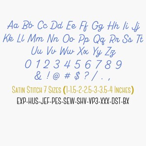 Complete satin stitch embroidery alphabet showing uppercase and lowercase letters A–Z, numbers 0–9, and punctuation marks. This machine embroidery font features smooth satin stitches, balanced spacing, and clean curves. Digitized embroidery alphabet designed for embroidery machines, suitable for names, monograms, and custom lettering projects.
