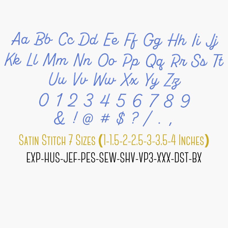 Complete satin stitch embroidery alphabet showing uppercase and lowercase letters A–Z, numbers 0–9, and punctuation marks. This machine embroidery font features smooth satin stitches, balanced spacing, and clean curves. Digitized embroidery alphabet designed for embroidery machines, suitable for names, monograms, and custom lettering projects.