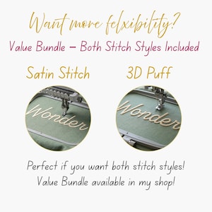 Satin stitch cursive embroidery lettering stitched on fabric, shown alongside a comparison to 3D puff embroidery style. This image highlights the flexibility of using both satin and 3D puff embroidery fonts for different projects. Ideal for users who want clean satin stitching or bold raised 3D puff lettering, available together as a value bundle option.