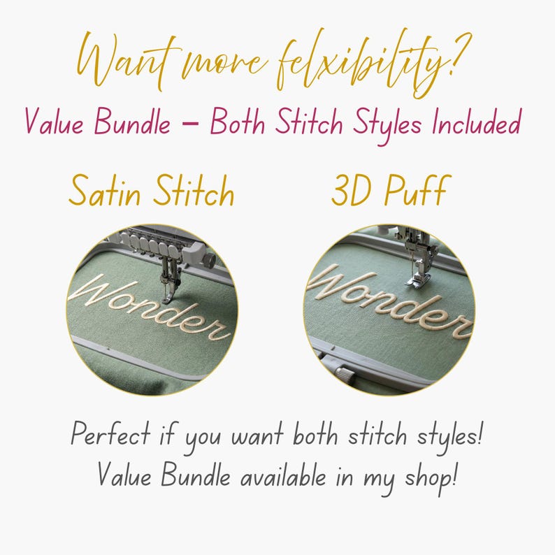 Satin stitch cursive embroidery lettering stitched on fabric, shown alongside a comparison to 3D puff embroidery style. This image highlights the flexibility of using both satin and 3D puff embroidery fonts for different projects. Ideal for users who want clean satin stitching or bold raised 3D puff lettering, available together as a value bundle option.