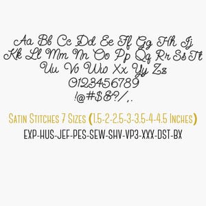 Script satin stitch embroidery alphabet showing uppercase and lowercase letters A–Z, numbers 0–9 and punctuation. Digital machine embroidery font preview with smooth cursive connections. This image displays the full character set included in the embroidery font download.