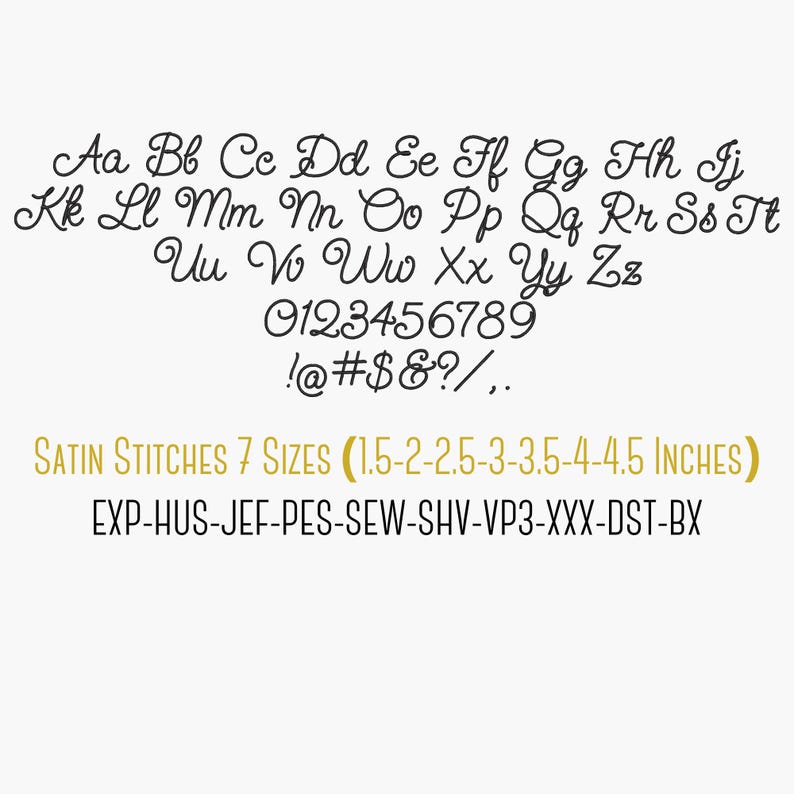 Script satin stitch embroidery alphabet showing uppercase and lowercase letters A–Z, numbers 0–9 and punctuation. Digital machine embroidery font preview with smooth cursive connections. This image displays the full character set included in the embroidery font download.