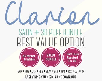 Clarion Embroidery Font Bundle | Satin Stitch + 3D Puff Alphabet | BX Included | Multiple Sizes Script Embroidery Font PES + 8 other formats
