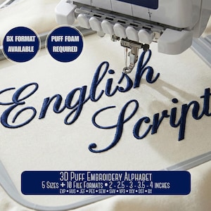 3D Puff Cursive Script Embroidery Font; 5 sizes,  BX Font, PES + 8 other formats for Embroidery Machines