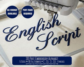 3D Puff Cursive Script broderitypsnitt; 5 storlekar, BX-typsnitt, PES + 8 andra format för broderimaskiner