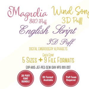 3D Puff Fonts Bundle, Cursive Script Fonts Bundle Embroidery Font; 5 sizes,  BX Font, PES + 8 other formats for Embroidery Machines
